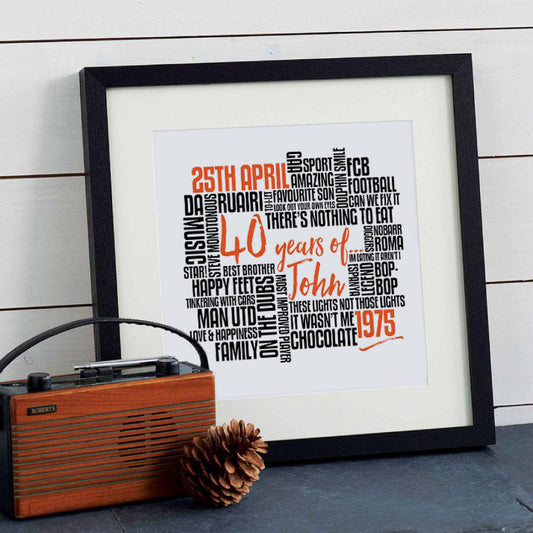 Personalised 40th Birthday Typography Print